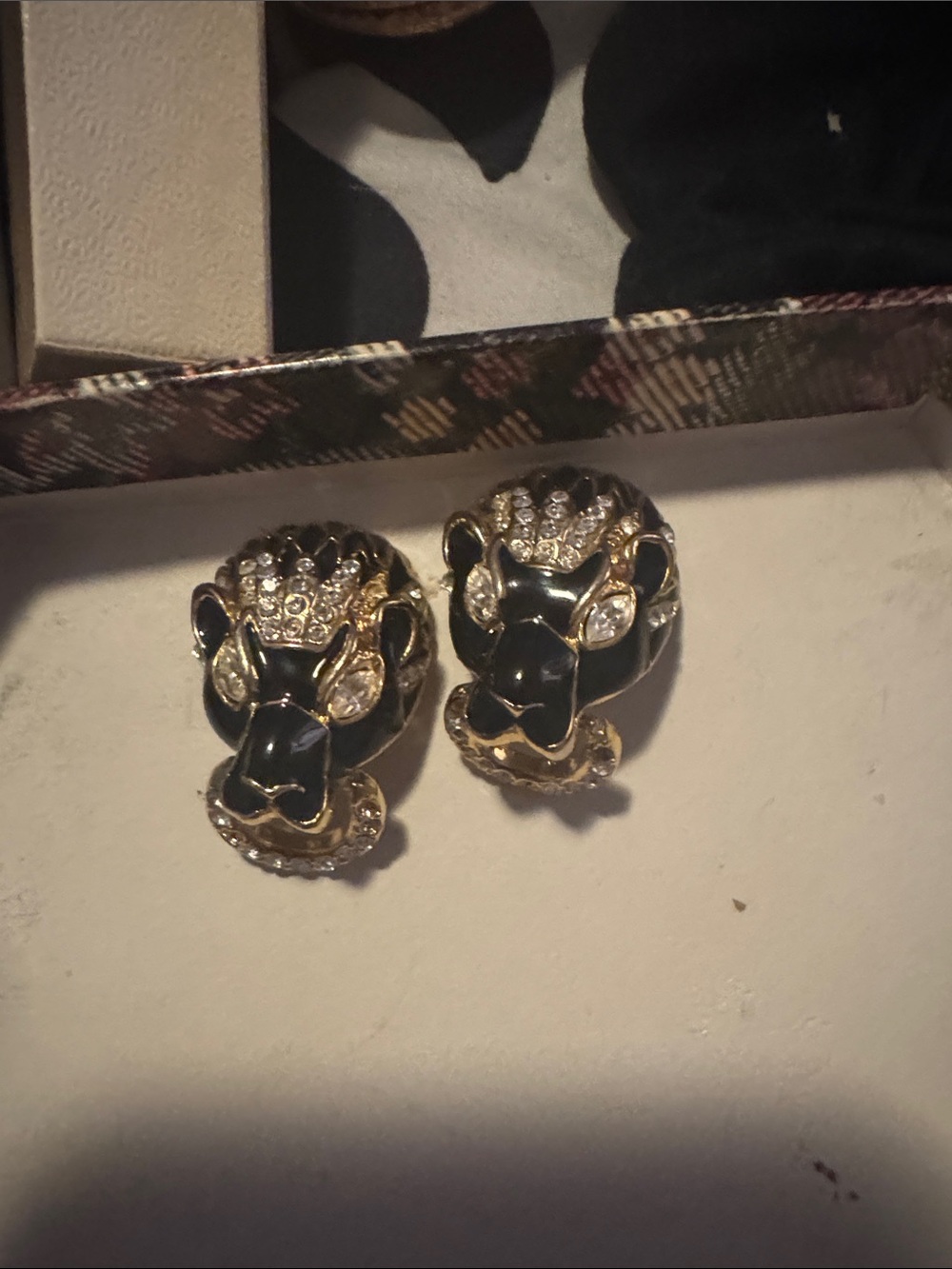 Gold-tone Black Panther Head Crystal Clip Earrings